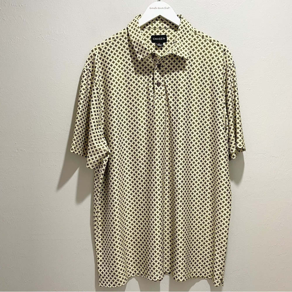 CHASE 54 Men’s Yellow Brown Geometric Print Golf Polo Quick Dry Short Slv Sz XL